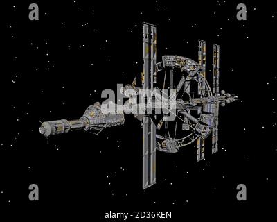 Futuristische Raumstation schwebt im Raum Stockfoto