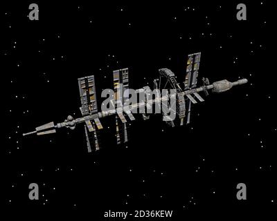 Futuristische Raumstation schwebt im Raum Stockfoto