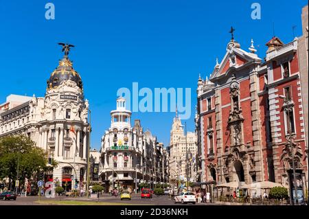 Metropole, die Gebäude an der Ecke Calle de Alcalá und Gran Via, Madrid, Spanien Stockfoto