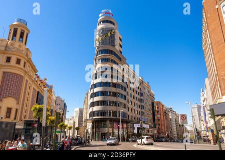 Schweppes Gebäude oder Edificio Carrion an der Gran Via, Madrid, Spanien Stockfoto