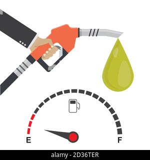 Kraftstoffpumpe in Hand man und Kraftstoffanzeige. Halten der Kraftstoffdüse. Benzinpumpe mit Tropfen, isoliert auf weißem Hintergrund, flache Vektorgrafik Stock Vektor