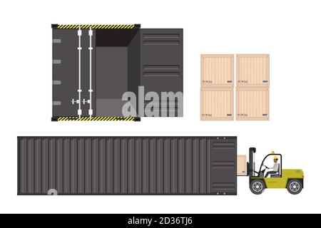 Frachtcontainer -Fassade und Profilansicht, Gabelstapler und Holzkasten Stock Vektor