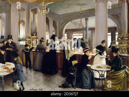 Jean Béraud. Gemälde mit dem Titel 'La Pâtisserie Gloppe', Öl auf Leinwand, c. 1889 von Jean Beraud (1849-1935). Pariser Café-Interieur, 19. Jahrhundert. Stockfoto