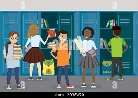 Schließfächer und Schüler in der Schulhalle,Schulinnenraum,Schulraum Stock Vektor