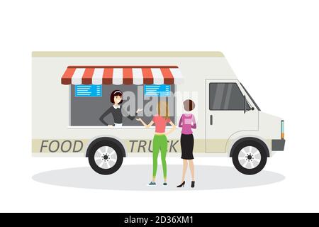 Food Truck, Verkäufer vor und Käufer zurück Ansicht, moderne van trans Stock Vektor