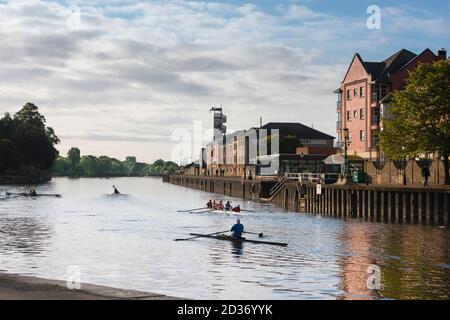Exeter Quay, Ansicht von Menschen, die auf dem Fluss exe im Quay-Gebiet von Exeter, Devon, Südwestengland, Großbritannien rudern Stockfoto