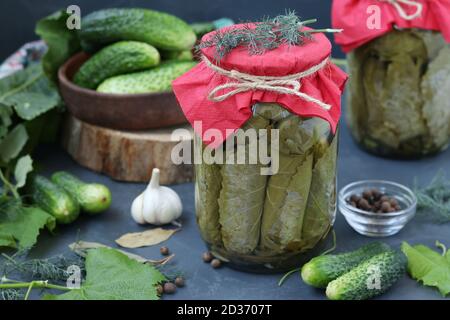 Hausgemachte marinierte Gurken in Traubenblättern mit Knoblauch und Dill in zwei Gläsern auf dunklem Hintergrund, Closeup. Horizontales Format. Stockfoto