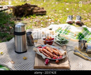 Picknick auf der Wiese mit gegrillten Würstchen mit frischem Gemüse auf der Decke. Stockfoto