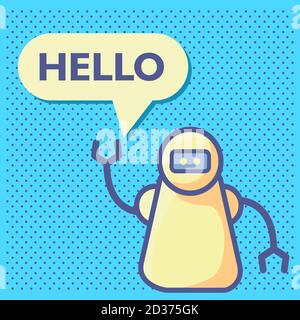 Speech Bubble.Chatbot Concept.Robot spricht hallo.Cute Zeichentrickfigur. Stock Vektor