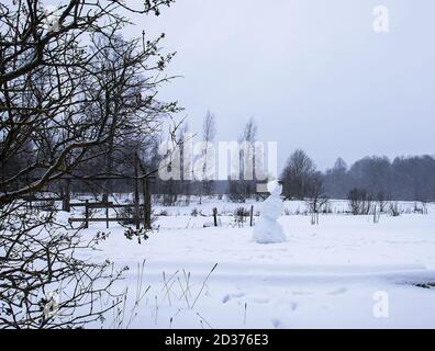Lustige Schneemann von Kindern auf schneebedeckten ländlichen Feld gemacht Stockfoto