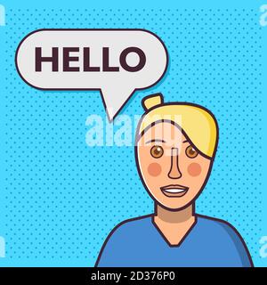 Sprechblase. Chatbot-Konzept. Frau spricht Hallo. Stock Vektor