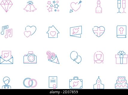 Kollektion „Wedding Icon“. Braut Blumenstrauß Einladung Party Geschenke Hochzeit Artikel Kuchen Kamera Fotografie Technik Vektor dünne Symbole Stock Vektor