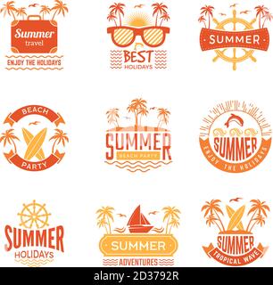 Sommerabzeichen. Reisen Etiketten und Logos Palmen Getränke Sonne Urlaub tropischen Vektor-Symbole Stock Vektor