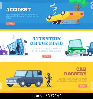 Autounfälle. Beschädigte und gebrochene Automobile Szene von Karsh Autos Vektor-Bilder für Banner Stock Vektor