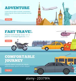 Reisebanner. Globus Abenteuer Transport Reisende Wahrzeichen london paris New york russland komfortable Autos Flugzeug Touristen Vektor Stock Vektor