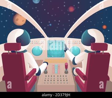 Piloten im Raumschiff. Shuttle-Cockpit mit Piloten in Kostümen Vektor Cartoon Raum mit Planeten Stock Vektor