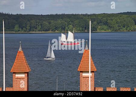 Ein Segelschiff mit rotem Körper segelt entlang der Flensburger Förde Schleswig Holstein Region Deutschland Stockfoto