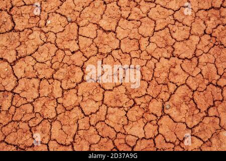 Naturhintergrund von geknackten trockenen Ländern. Natürliche Textur des Bodens mit Rissen. Zerbrochene Tonoberfläche von kargem Trockenland Ödland Nahaufnahme. Vollformat bis t Stockfoto