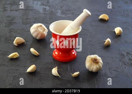 Knoblauch in Mörser und Stößel auf schwarzem Hintergrund Stockfoto