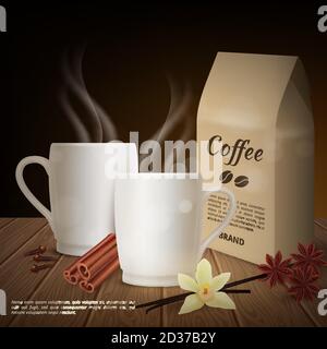 Vektor realistische Tasse Kaffee und Belag Hintergrund Stock Vektor