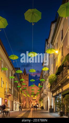 [Monza, Italien - Okt 2020] in der Abenddämmerung an der Hauptstraße von Monza grüne Schirme gehängt, Lombardei, Italien Stockfoto