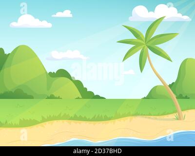 Sommerlandschaft. Grüne Hügel Palme und Meer mit Gras und Wasser einfache Outdoor-Illustration Vektor Cartoon Hintergrund Stock Vektor