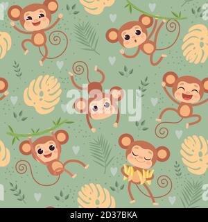 Affenmuster. Wild kleine Tiere Schimpansen spielen auf Dschungel Baum Textil Design Projekt Vektor nahtlose Cartoon Hintergrund Stock Vektor