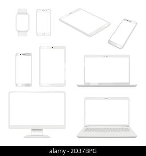 Realistische Gadgets. Monitor Smartphone Laptop und Tablet blank Notebook Vektor Mockup Computer-Geräte Stock Vektor