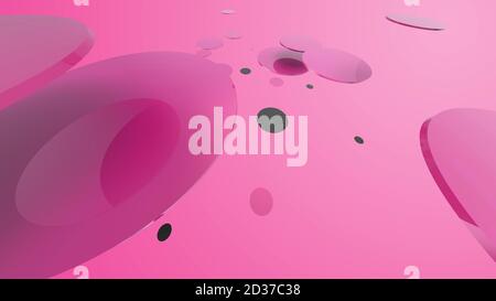 Rosa Metall und undurchsichtige Kreise und Zylinder auf farbigem Hintergrund. Abstrakter Hintergrund für grafische Gestaltung mit transparentem Glas. 3d-Rendering illustrati Stockfoto