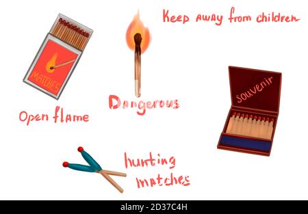 Streichhölzer und Streichhölzer, Flamme und Warnungen Stockfoto