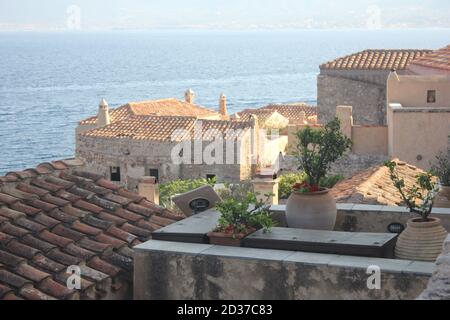 Monemvasia , historisches mittelalterliches Dorf im südlichen Peloponnes, Griechenland Stockfoto