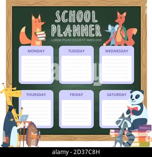 Planner für Kinder. Schule persönliche Liste Organisation für Woche lustige Cartoon Tiere Illustrationen Vektor Stock Vektor