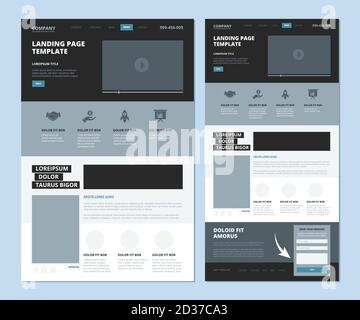 Landegestell. Internet Webseite ui Vorlage Menü Navigation Video Galerie und Fußzeile Informationen Vektor Landing Design Stock Vektor