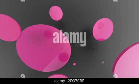 Rosa Metall und undurchsichtige Kreise und Zylinder auf farbigem Hintergrund. Abstrakter Hintergrund für grafische Gestaltung mit transparentem Glas. 3d-Rendering illustrati Stockfoto