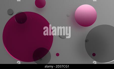 Rosa Metall und undurchsichtige Kreise und Zylinder auf farbigem Hintergrund. Abstrakter Hintergrund für grafische Gestaltung mit transparentem Glas. 3d-Rendering illustrati Stockfoto