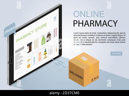 Tablet in Isometrie, ein Online-Medizin-Shop-Konzept für ein Banner, eine Webseite, einen Flyer oder eine mobile App. Apotheke Online-Shop mit Lieferung nach Hause. Website mit Pillen, Medikamenten und anderen Medikamenten zur Bekämpfung von Viren in Quarantäne und Selbstisolation Stock Vektor