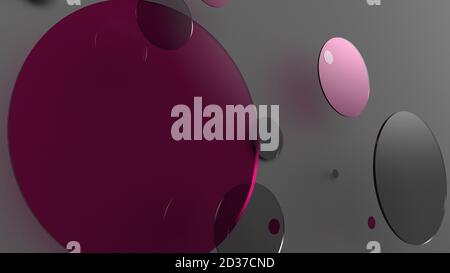 Rosa Metall und undurchsichtige Kreise und Zylinder auf farbigem Hintergrund. Abstrakter Hintergrund für grafische Gestaltung mit transparentem Glas. 3d-Rendering illustrati Stockfoto