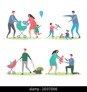 Glückliche Familien mit Kindern und Hunden. Mütter und Väter gehen und spielen mit Kindern im Stadtpark Vektor-Illustration Stock Vektor