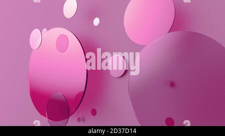 Rosa Metall und undurchsichtige Kreise und Zylinder auf farbigem Hintergrund. Abstrakter Hintergrund für grafische Gestaltung mit transparentem Glas. 3d-Rendering illustrati Stockfoto