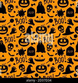 Happy Halloween Nahtloses Muster. Kürbis Jack, Schädel, Spinnen, Süßigkeiten und Scary Boo. Vektor Feier Design Oberflächenstruktur. Cartoon schwarz Stock Vektor