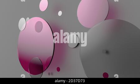 Rosa Metall und undurchsichtige Kreise und Zylinder auf farbigem Hintergrund. Abstrakter Hintergrund für grafische Gestaltung mit transparentem Glas. 3d-Rendering illustrati Stockfoto