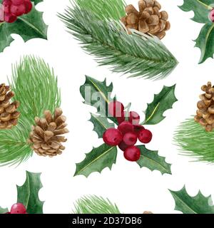 Tannenzweige, Stechpalme und Tannenzapfen endloser Hintergrund. Stockfoto