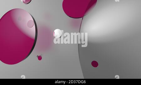Rosa Metall und undurchsichtige Kreise und Zylinder auf farbigem Hintergrund. Abstrakter Hintergrund für grafische Gestaltung mit transparentem Glas. 3d-Rendering illustrati Stockfoto