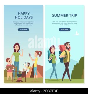 Sommer Camping Vektor Banner. Familienausflug und Reise Illustration Stock Vektor