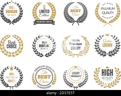 Premium-Rundetiketten. Verkauf oder Sieg Emblem mit runden griechischen Niederlassungen Vektor Abzeichen Sammlung Stock Vektor