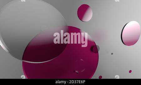 Rosa Metall und undurchsichtige Kreise und Zylinder auf farbigem Hintergrund. Abstrakter Hintergrund für grafische Gestaltung mit transparentem Glas. 3d-Rendering illustrati Stockfoto