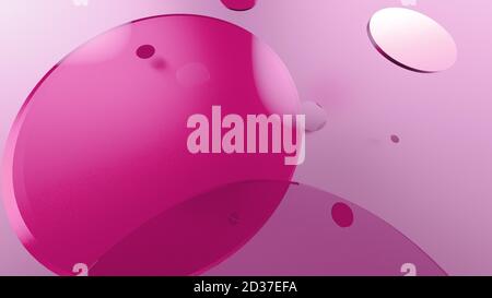 Rosa Metall und undurchsichtige Kreise und Zylinder auf farbigem Hintergrund. Abstrakter Hintergrund für grafische Gestaltung mit transparentem Glas. 3d-Rendering illustrati Stockfoto
