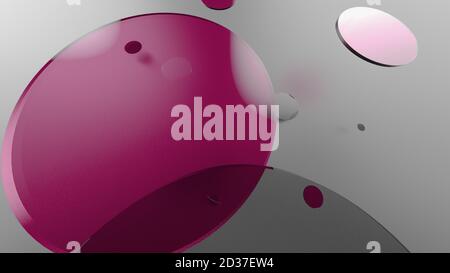 Rosa Metall und undurchsichtige Kreise und Zylinder auf farbigem Hintergrund. Abstrakter Hintergrund für grafische Gestaltung mit transparentem Glas. 3d-Rendering illustrati Stockfoto