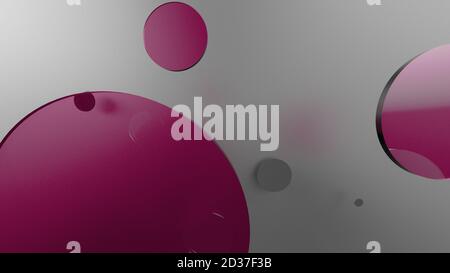 Rosa Metall und undurchsichtige Kreise und Zylinder auf farbigem Hintergrund. Abstrakter Hintergrund für grafische Gestaltung mit transparentem Glas. 3d-Rendering illustrati Stockfoto