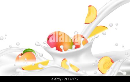 Realistische Milch oder Joghurt fließen mit Pfirsich und Mango-Vektor Hintergrund Stock Vektor